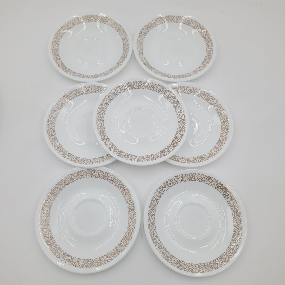 7pc Corelle Woodland Brown Saucers Set Vintage Floral White Vitrelle 6.25 Inch